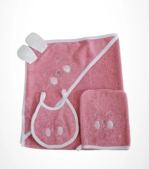 Baby Hooded Towel Set, with Bib and Wash Mitt, Animal Face Design, Soft Terry, 3-Piece 309 (Pink 309-1)