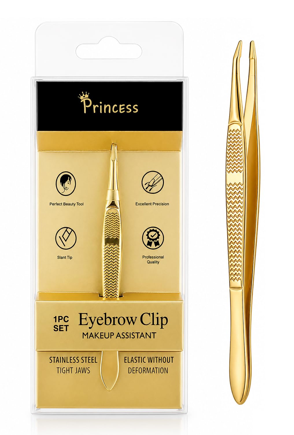 Princess - Tweezer, Stainless Steel Tight Jaw Tweezer, For Eyebrow & Facial Hair, Slant Tip, Excellent Precision, Elastic Without Deformation, Perfect Beauty Tool For Men & Women, Golden
