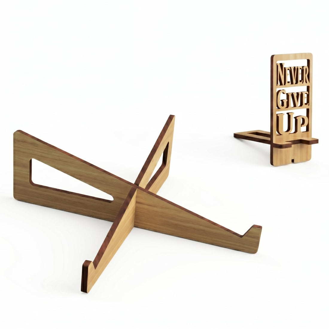 2-in-1 Wooden Laptop and Mobile Stand Set - Ergonomic Multi-Angle MDF Holder - Foldable & Portable with Laser-Engraved 'Never Give Up' Quote - (Black, Brown, Oak) (Oak)