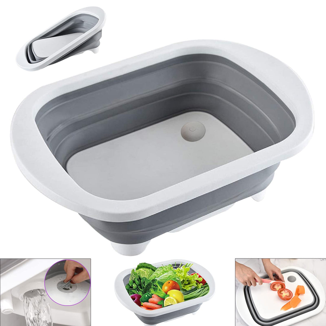 4 in 1 Collapsible Washing Up Bowl and Plastic Chopping Board with Drain Plug and Handles,6L Portable Multifunctional Camping Drain Storage Basket for Kitchen, Household, Camping, Picnic, BBQ (Grey)