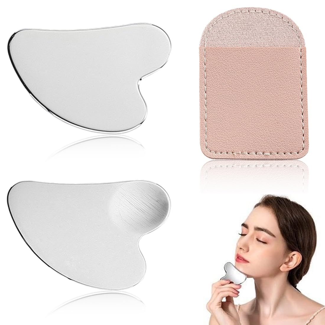 2 x Gua Sha Stainless Steel Gua Sha Stone Face Tool, Guasha Scraping Massage Tool, Metal Lymphatic Drainage Massage Scraper for Face, Eyes, Neck, Body