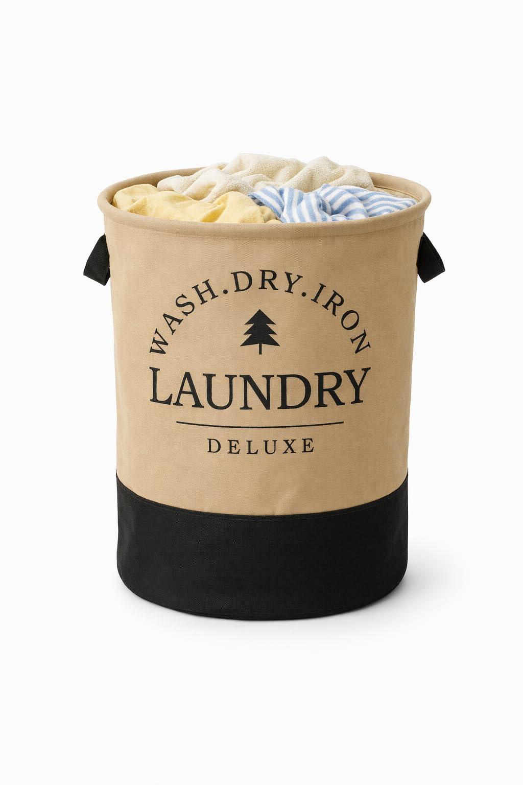 Round Fabric Laundry Hamper, Foldable Waterproof Storage Basket with Thick Cotton Handles, Easy to Carry, Ideal for Clothes, Toys, Space Organization (Biege)