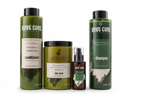 Olive Cure Hair Treatment Set – Olive Oil Extraction | Shampoo, Conditioner, Hair Mask & Serum for Deep Repair & Shine (4 Pieces)