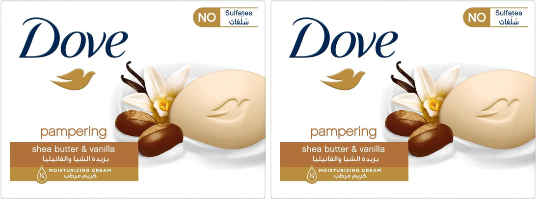Dove bar soap Pampering Beauty Cream, for all skin types, Shea Butter & Vanilla with ¼ moisturizing cream 90G (Pack of 2)