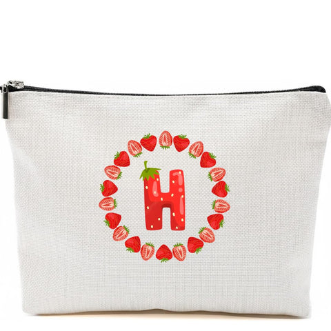 Personalized Initial Letter Makeup Bag or Pencil Case, Strawbery Initial Cosmetic Bag with Zipper Birthday Gifts for Women Girls, KIDS, Strawbery Letters (H)