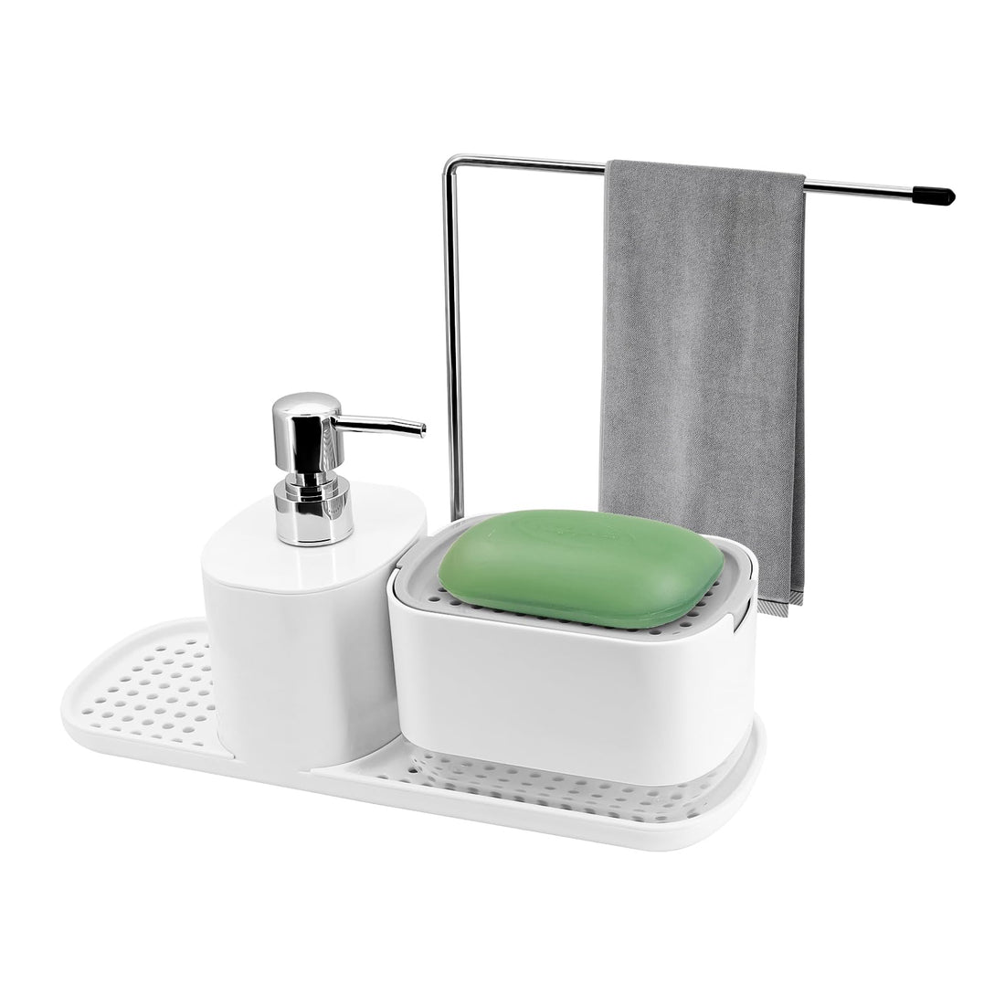 Washing Up Liquid Dispenser Kitchen Set, 3-in-1 Sink Organiser with Soap Dispenser, Sponge Holder and Cloths Storage Shelf, Detergent Refillable