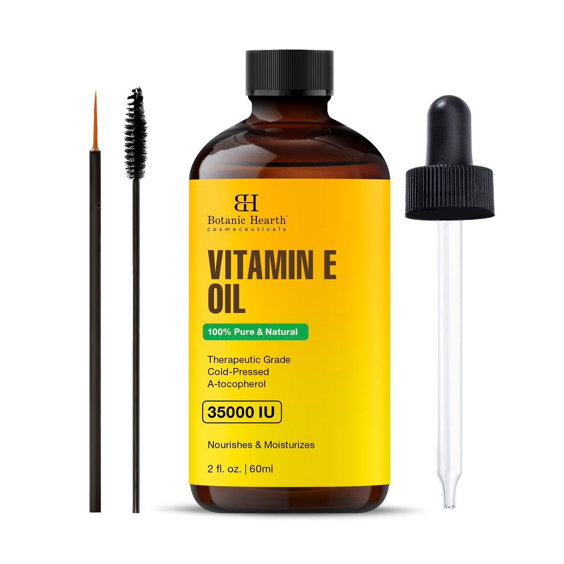 Botanic Hearth Vitamin E Oil | 100% Pure & Natural | 35,000 IU | Hair & Body Oil with Eyebrow & Eyelash Brush | 2 Fl Oz
