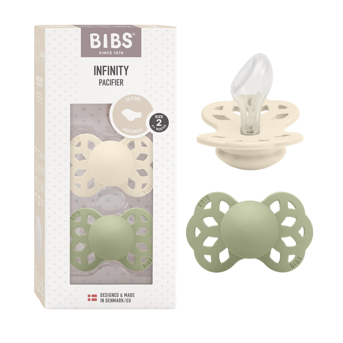 Bibs Pacifier Infinity 2 Pack Anatomical Silicone Size 2 Ivory/Sage