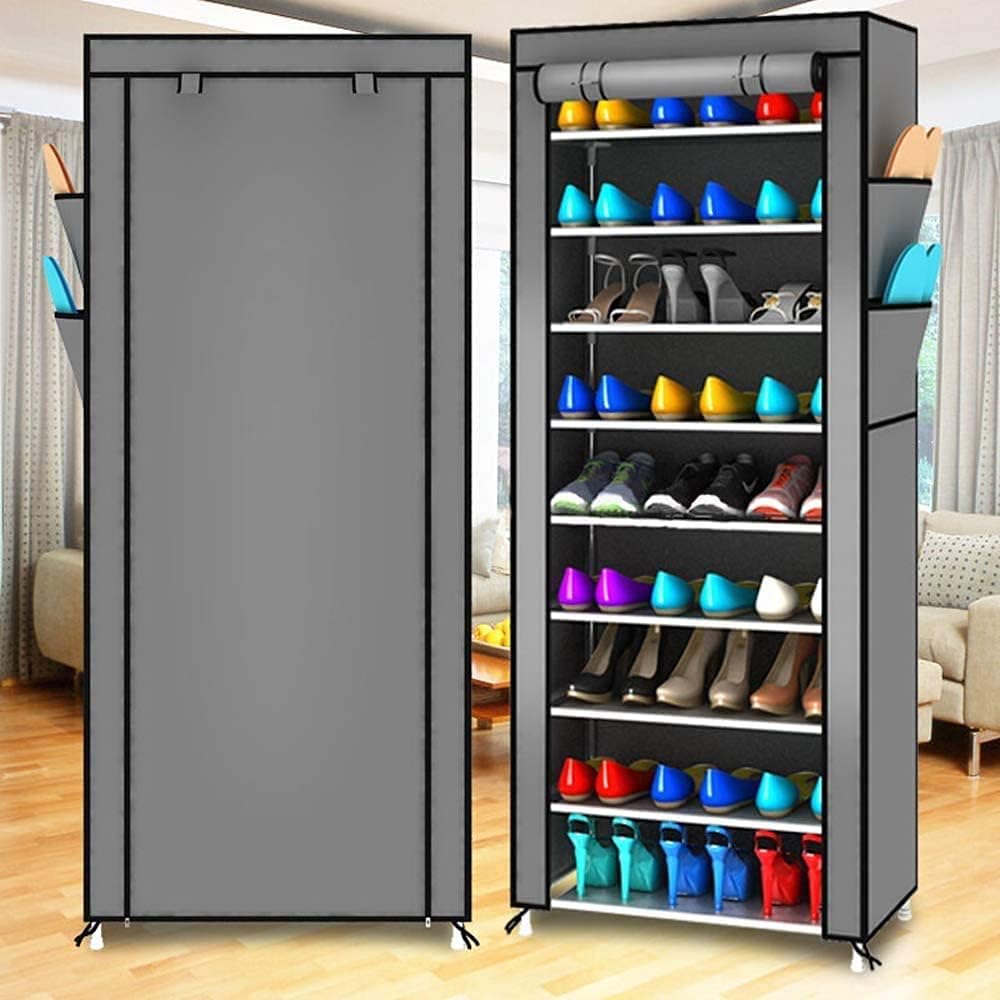 10 Tiers Shoe Rack Storage Box, Simple Shoe Cabinet, Shoe Storage Organizer with Cover Dustproof, 10 Tier Non-Woven Cover Shoe Shelf Holds 27 Pairs Made of Non-Woven Fabrics… (grey)