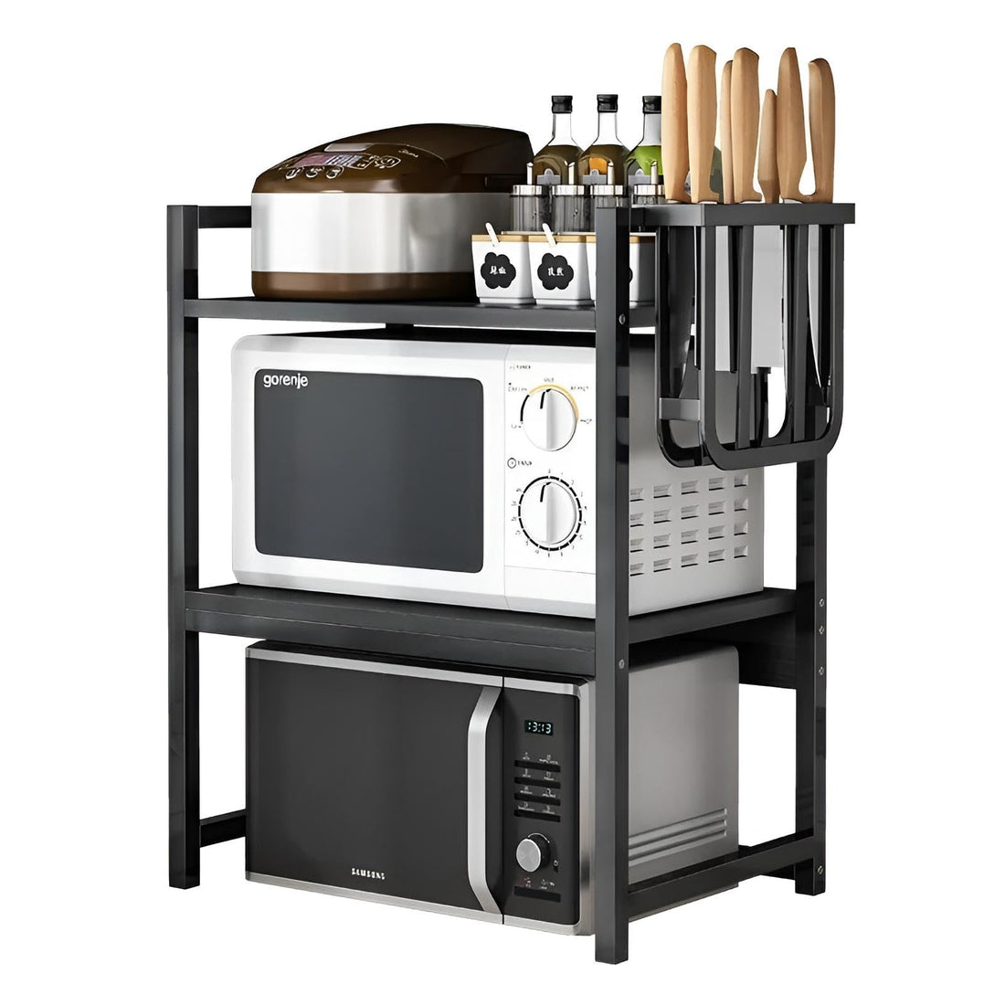 Countertop Organizer - Space-Saving Double-Layer Rack for Microwave and Rice Cooker, Adjustable Black Steel Shelf for Kitchen, Durable Construction Supports Heavy Appliances Securely