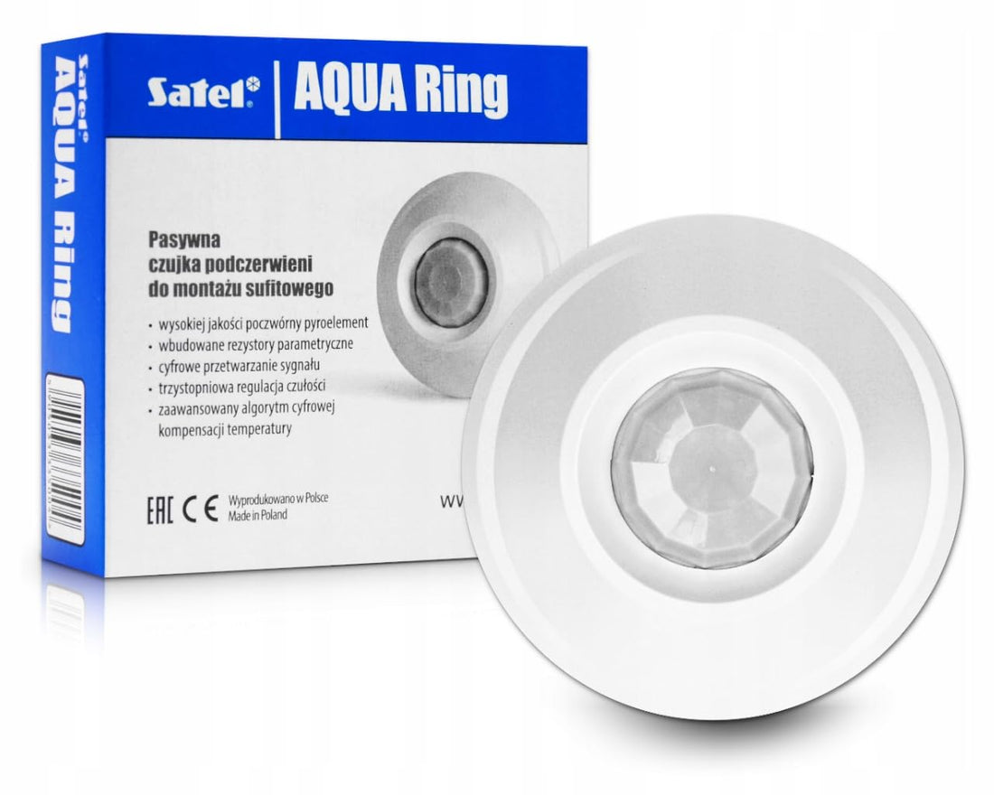AQUA Ring Digital PIR Motion Detector, SATEL White, Ceiling Mount, 24V AC/DC, Dual Pyroelectric Sensor, Microprocessor-Based, Pre-alarm Feature