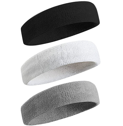 KASTWAVE Sports Headband for Men & Women - Moisture Wicking Athletic Cotton Terry Cloth Sweatband for Tennis, Basketball, Running, Gym, Working Out（3 Pack）, Black White gray, One Size