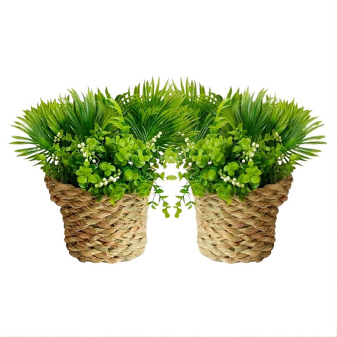 Artificial Plants in Baskets Set of 2 Natural Braided Wicker Plants - Elegant Rustic Bohemian Decor for Tables, Shelves, Walls - Green (Shelves and Tables)