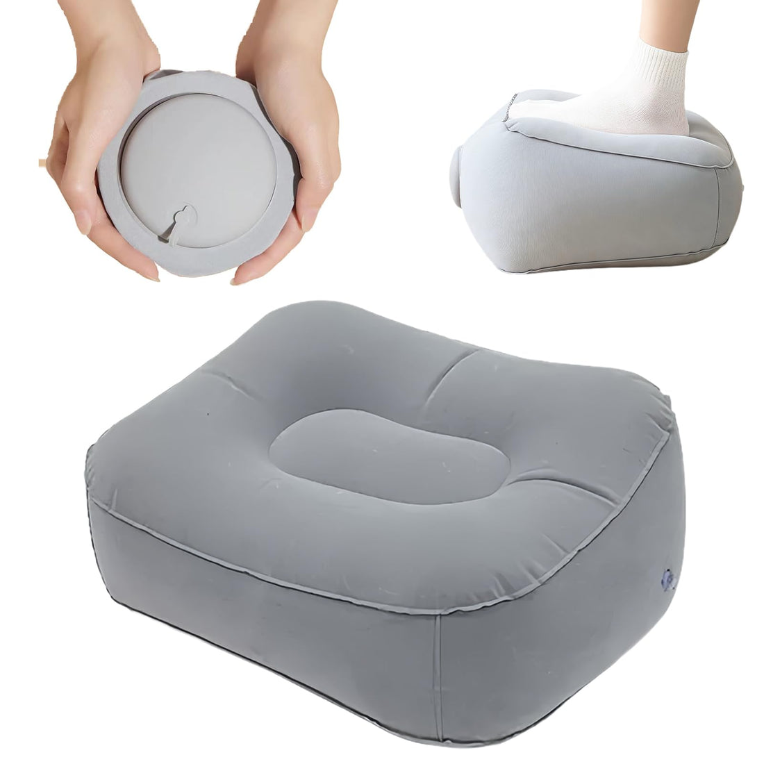 nalaina Inflatable Travel Foot Rest Pillow 【2025NEW·Upgraded Built-in Press-Type Inflation Device, Soft Flocking Pillow】 Flights Relax Cushion, Great for Cars, Home, Office, Trains, Airplane (Grey)