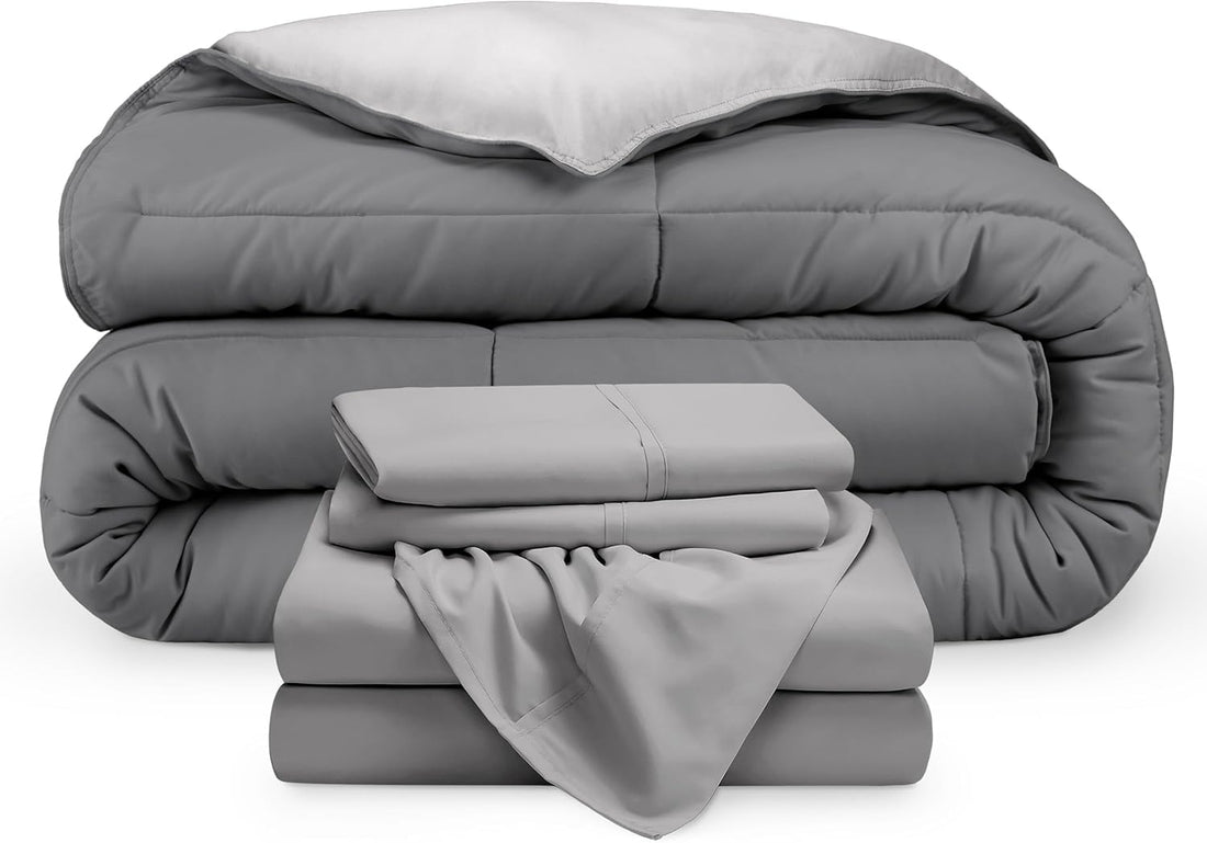 Full Bed Set - 5 Pieces - Comforter 225 * 235,Fitted Sheet 160 * 200, 1 Pillow Case 45 * 160, 2 Pillow Cases 50 * 70 - Elegant and Practical Two Tone Matching Set (Dark Grey & Grey)