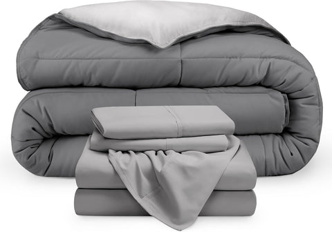 Full Bed Set - 5 Pieces - Comforter 225 * 235,Fitted Sheet 160 * 200, 1 Pillow Case 45 * 160, 2 Pillow Cases 50 * 70 - Elegant and Practical Two Tone Matching Set (Dark Grey & Grey)