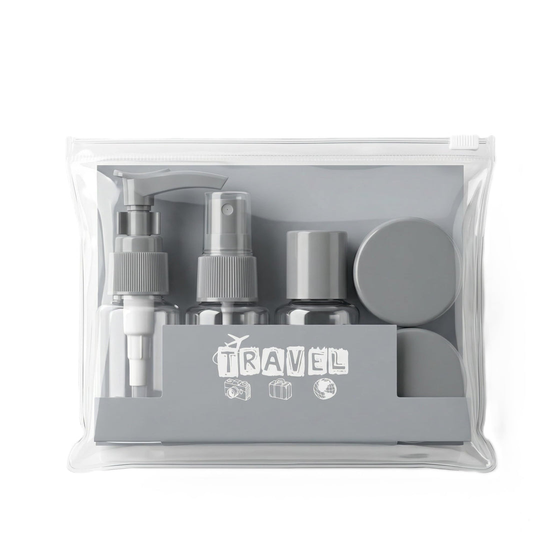 Nopatia 7 Piece Travel Organizer Set – Refillable Travel Containers and Bottles for Travel Toiletries and Toiletries in a Stylish Airtight Bag (Grey)