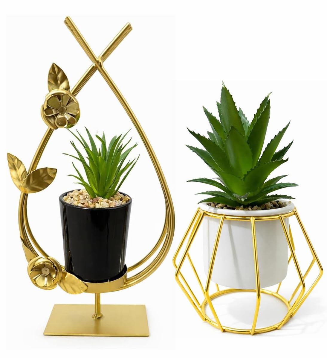 Gold Modern Decorative Artificial Plant Pots Set – Decorative Vases for Office & Home – Artificial Plants with Premium Metal Pots