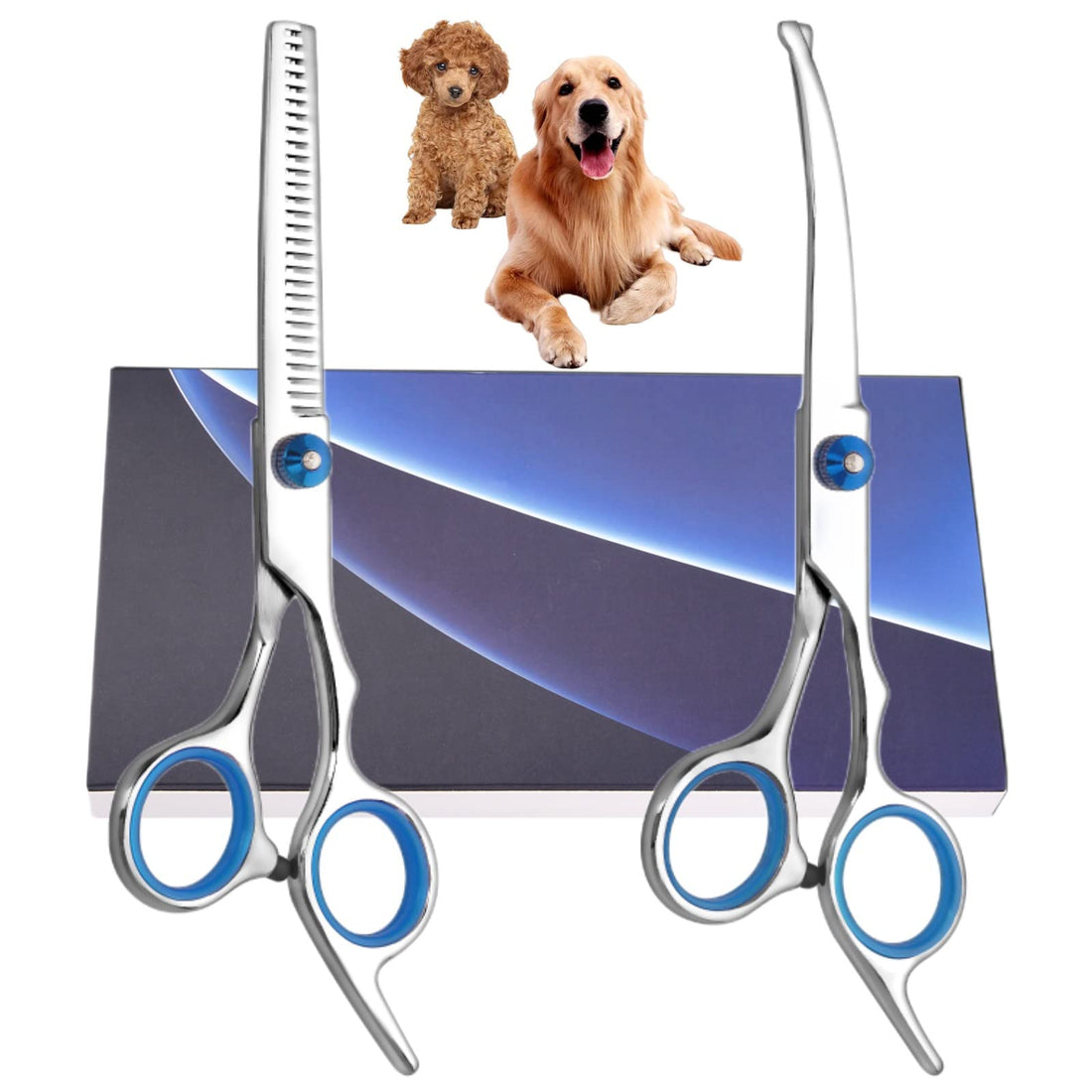 Ergonomic Dog & Cat Grooming Scissors, Stainless Steel, Blue, Curved, Round Tip, Ambidextrous, 6.5 inches