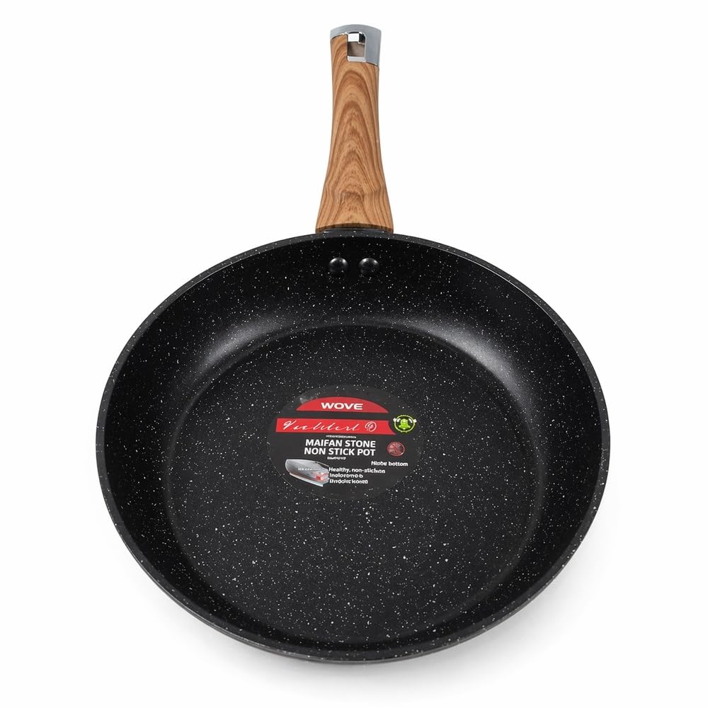 Granite Nonstick Frying Pan with Wooden Handle Cooking Pan 22 cm - Black - A1-4
