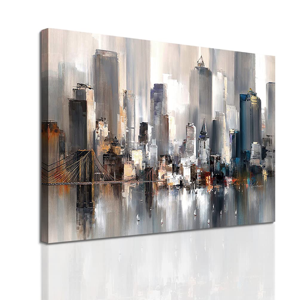 Woxfcart City Abstract Wall Art - City Scape Painting - City Skyline Poster,New York Pictures - Gray Canvas Print Walls Decor 16"x12"