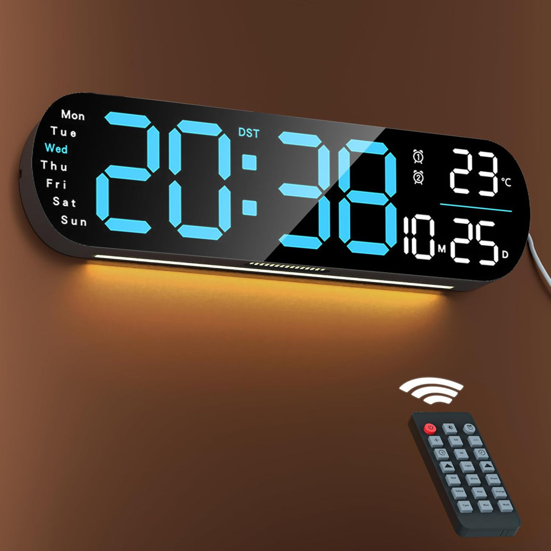 Necomi Digital Wall Clock, Large Display, 14-inch Alarm Clock, with Remote Control, Ambient Light,10-Level Automatic Light Sensitivity, LED Digital Clock, Large Clock with Date, Week and Temperature