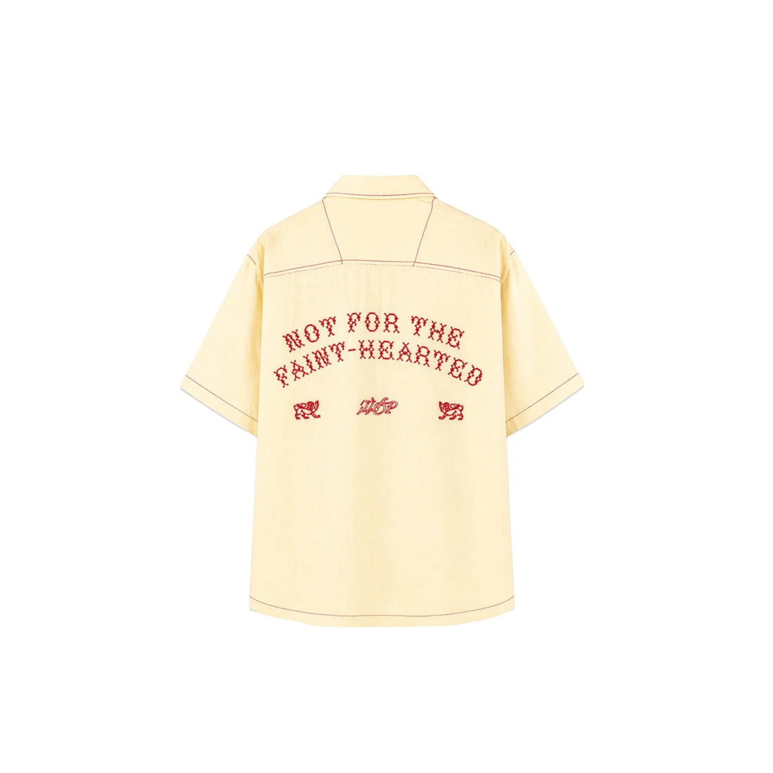 Yellow 'Grit' Cotton Shirt. Bold "Not For The Faint-Hearted" Back Embroidery. Relaxed Boxy Fit Short Sleeve Button Down. Premium Butter Yellow Summer Top.