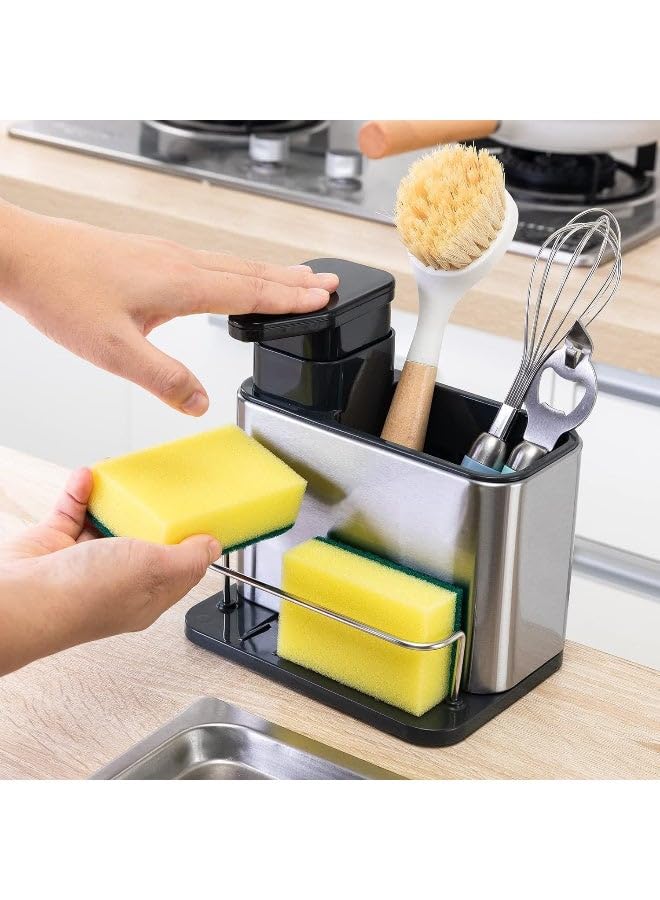 Trina 3-in-1 Sponge Soap Dispenser for Kitchen Sink | Stainless Steel Kitchen Organizer with Brush Holder, Soap Dispenser, and Drying Rack