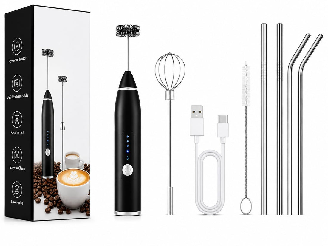 Electric Nescafe Coffee Whisk (+ Stainless Steel Gift Straw) 3 Speed USB Rechargeable | Milk Frother for Cappuccino Latte with Egg Beater