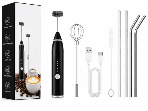 Electric Nescafe Coffee Whisk (+ Stainless Steel Gift Straw) 3 Speed USB Rechargeable | Milk Frother for Cappuccino Latte with Egg Beater