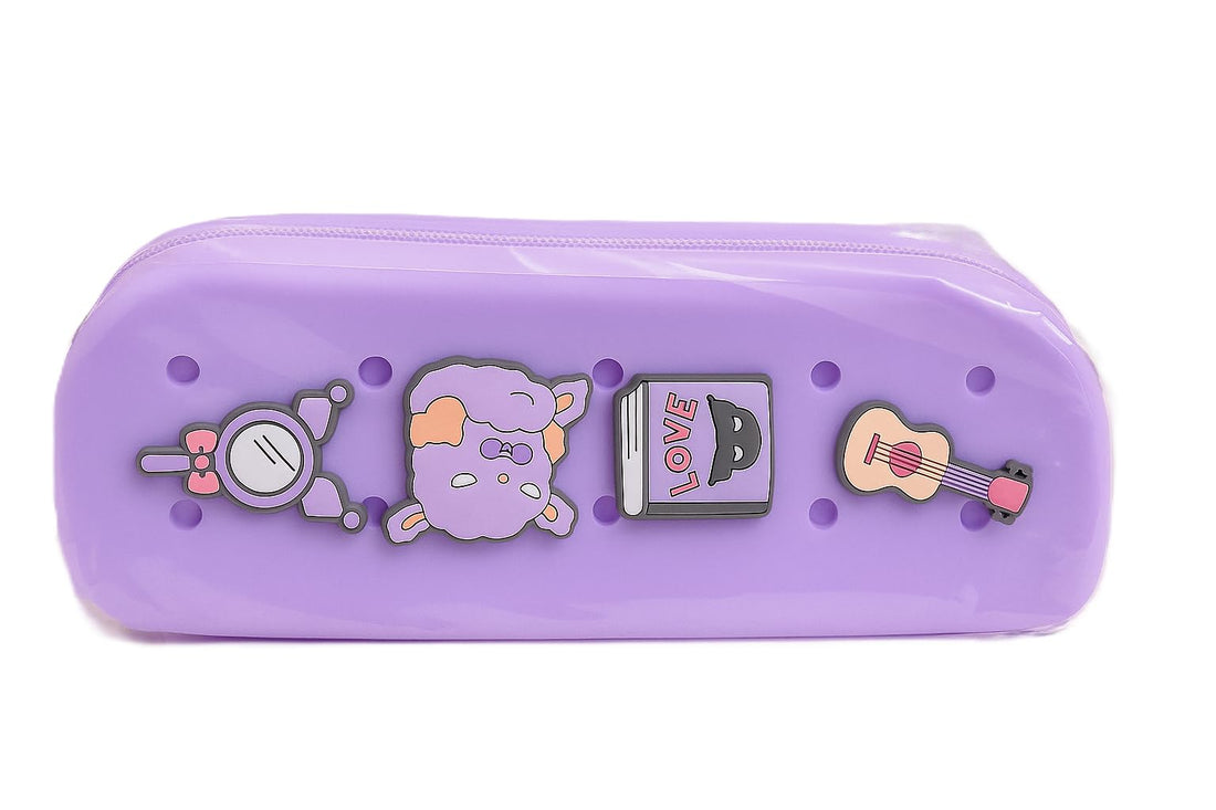 Silicone Pencil Case for Kids (Purple) – Waterproof Zippered Stationery Pouch with Cute Cartoon Charms (4pcs) – School Supplies Organizer for Girls & Boys