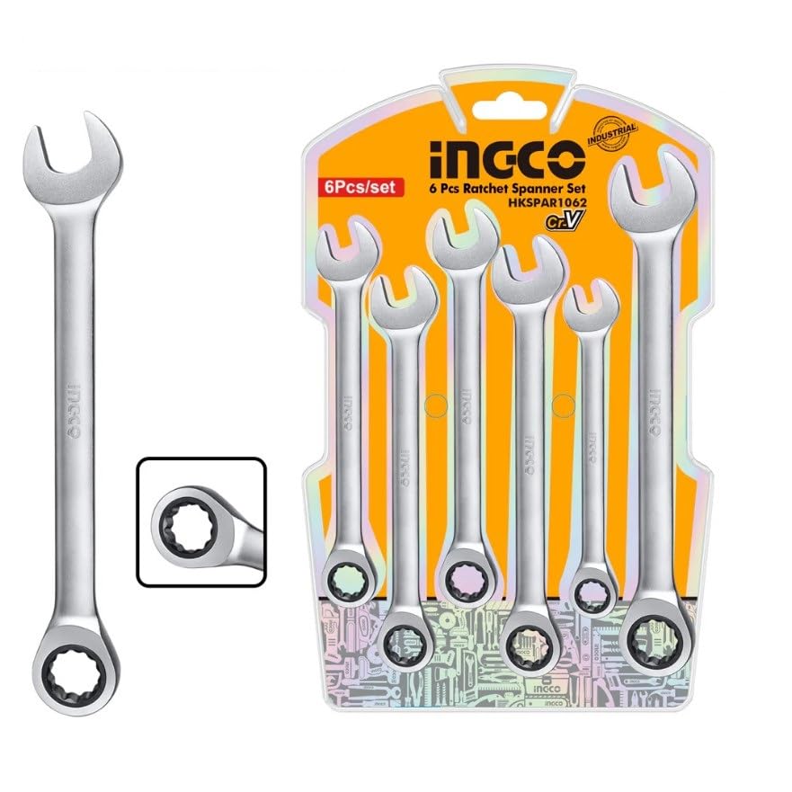 INGCO Industrial Ratchet Spanner Set 8-17mm, 6 Pcs,Material: Chrome Vanadium (CR-V), CR-MO (72T), Included Sizes: 8 mm, 10 mm, 12 mm, 13 mm, 14 mm, 17 mm, Finish: Fine polished, Model : HKSPAR1062