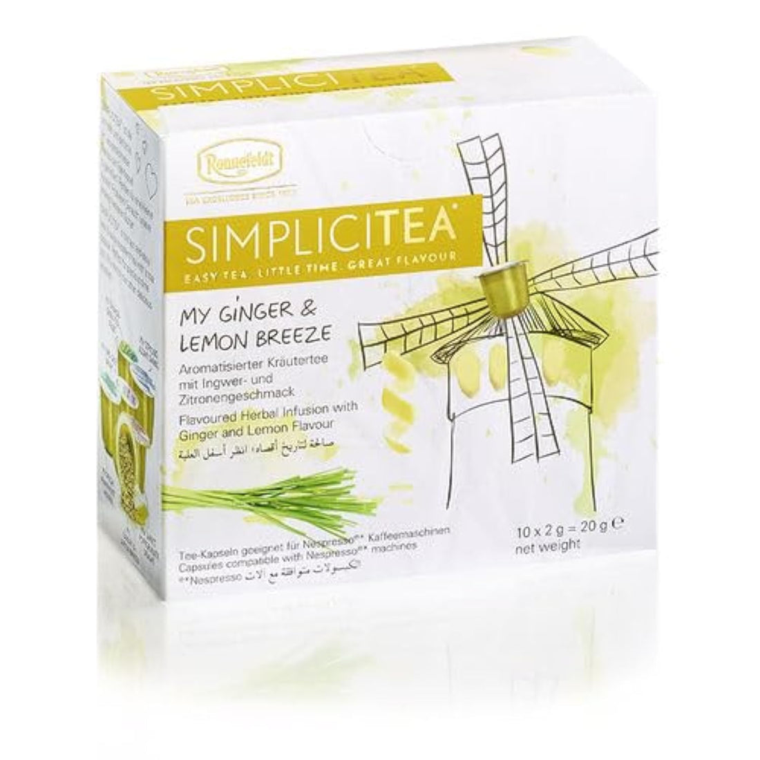 RONNEFELDT SIMPLICITEA My Ginger & Lemon Breeze Tea Capsules, 10 Count, Compatible with Nespresso Machines, Herbal Tea, Caffeine-Free