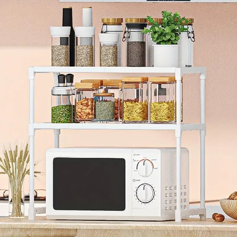 Multifunctional Kitchen Microwave Rack – Space Saving Microwave Stand, Cutlery and Spice Organizer, Countertop Storage Rack, Freestanding Storage Unit for Microwave Oven Kitchen (White, 2 Floors)
