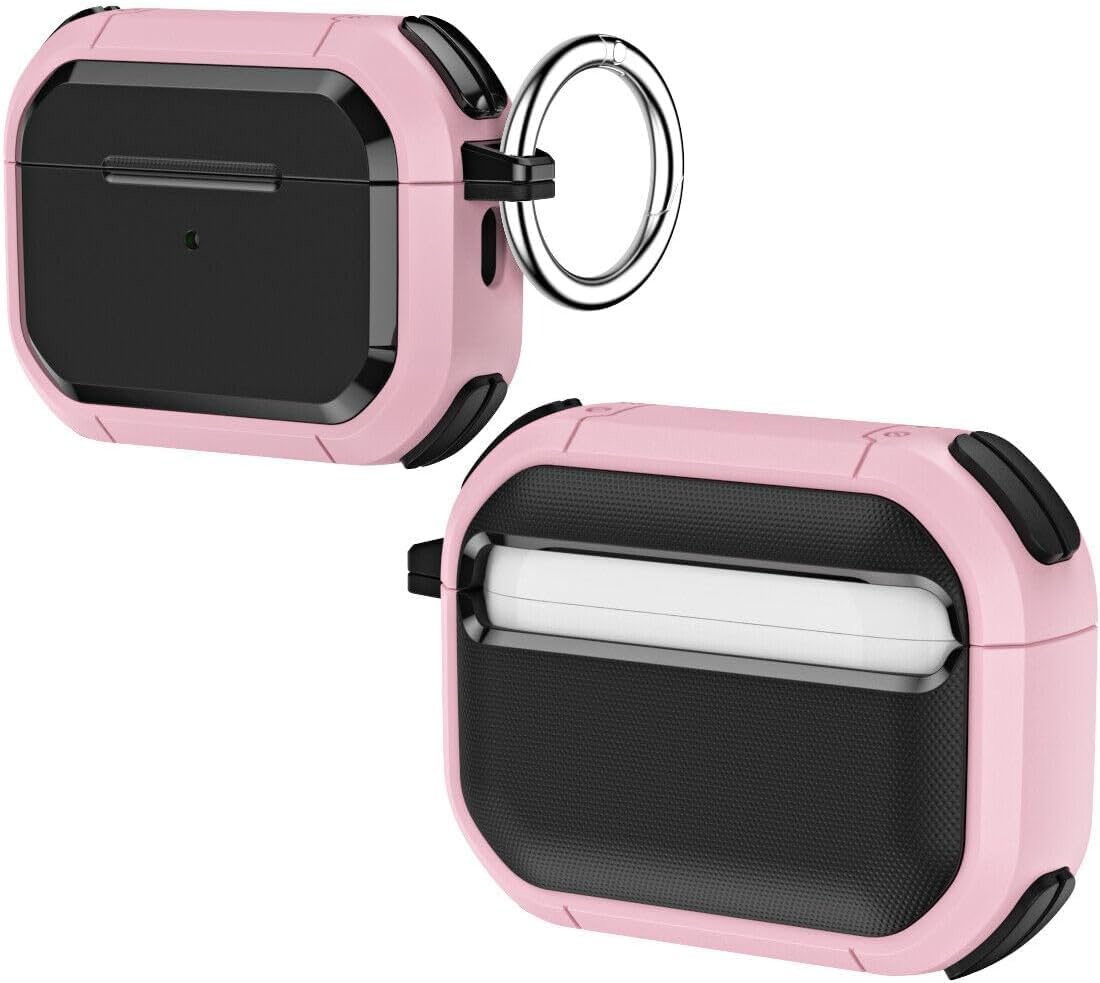Armour Case Apple AirPods Pro 2 360° Protection Rugged Hard Shell Shockproof Cover, Carabiner Secure Hook Clip, Flush/Snug Fit, LED Indicator, Wireless Charging, Airpod pro2 (Pink)