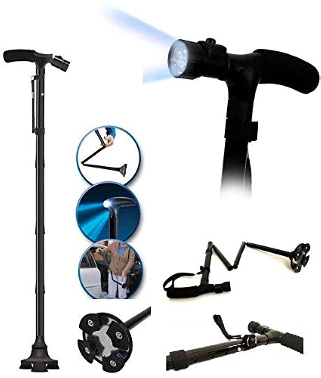 Foldable Cane Walker Supporting Stick with Flashlight, Pivot