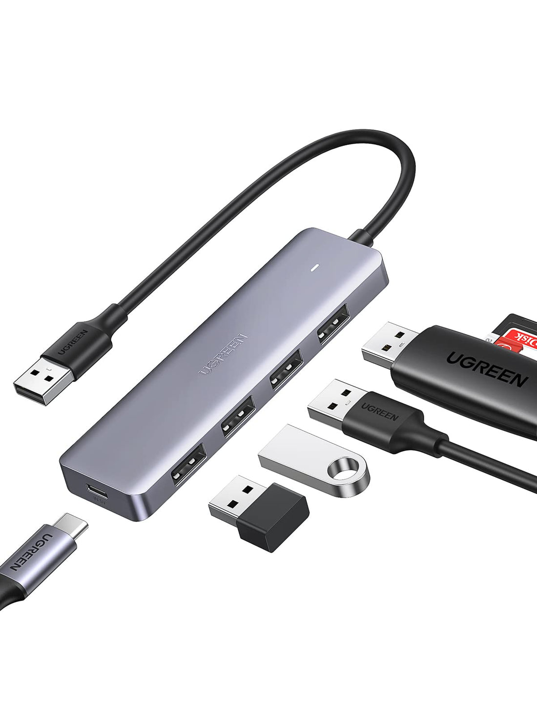UGREEN USB Hub 3.0 4 Port Ultra Slim USB Splitter for Laptop Extension Multi-Port Extender with 5V Charging Port Compatible with Surface Pro PS5/PS4/Xbox One, Flash Drive, HDD, Keyboard, Mouse
