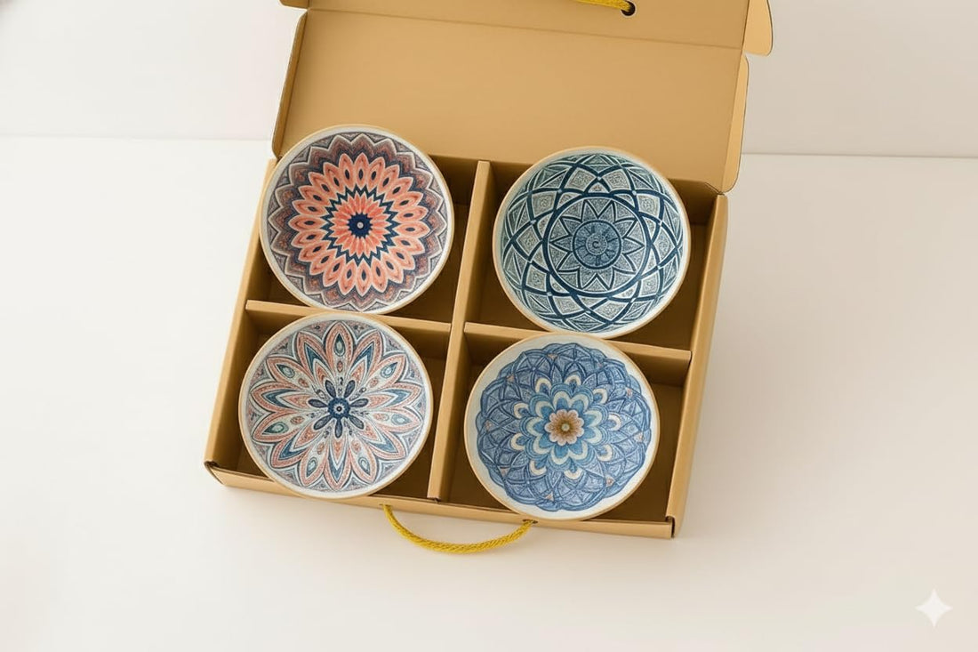Home Care TT-1068-A 4-Piece Ceramic Bowl Set with Patterns, Pack of 1, Dining