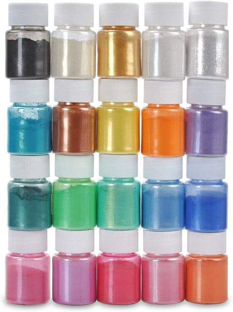 valuxe Sulfar Mica Powder, 20 Solid Metallic Colors Bottles Resin Dye Natural Pigments, Glitter, Epoxy Resin Coloring For Soap making, Bath Bomb, Candle, Cosmetic, Eyeshadow, Makeup, Nail Art, Artwork