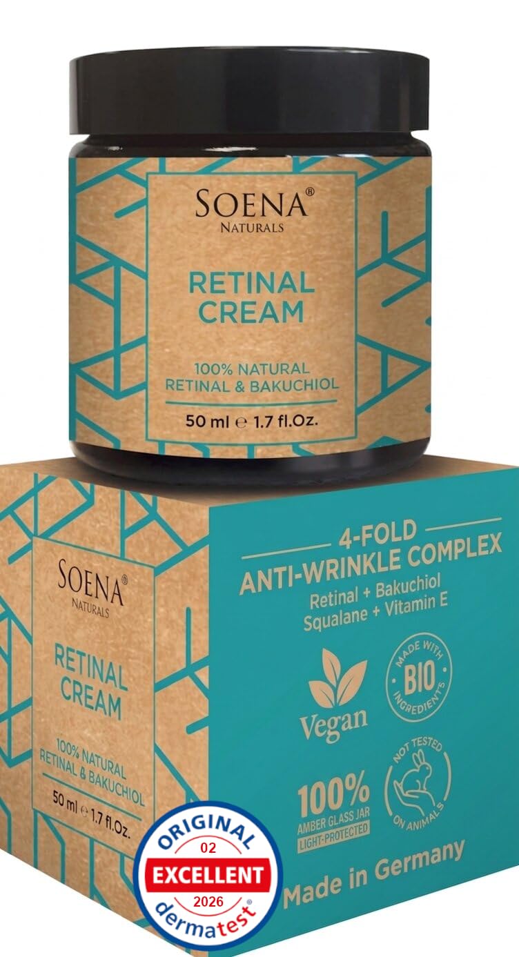 Organic Retinol Cream High Dose + Power Active Ingredients - Hyaluron, Bakuchiol, Vitamin C, E • Retinal Cream Face by Soena - Moisturising Cream • Against Wrinkles, Acne and Enlarged Pores - Made in