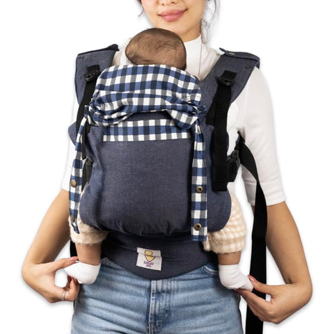 Kangaro Max ergonomic baby carrier - Newborn to Toddler - double buckles & Adjustable Multiposition - Support M shape position with pocket and Head support (for babies from 4-20 kilo) - كحلي كاروه