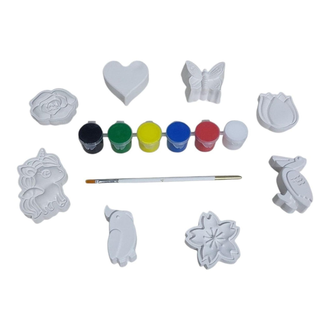 Gypsum Shapes for Coloring KIt -Complete Art Set(15-Piece) - 8 Unique shapes, 6-Acrylic Paints, Brush|Joyful Activity -Screen-Free Alternative to Develop Children's Skills.