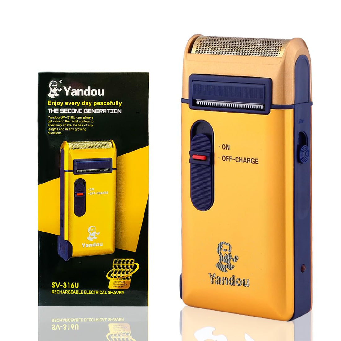 Yandou Aluminum Rechargeable Electric Razor for Men - Quick Charge, Continuous Shaving, and Super Hard Titanium Alloy Plating Foil for a Comfortable Grooming Experience, Beard Trimmer, 3W (Gold)