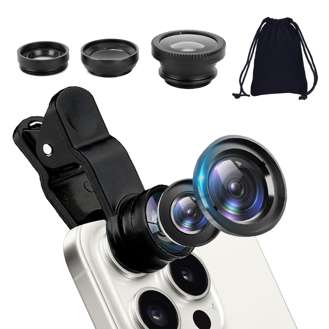 1 Suit 3 in 1 Macro Lens for Phone,Black Universal Fish Eye Wide-Angle and Macro Clip Camera Lens Kit,Compatible with Almost Any Modern Mobile Device,Easy to Install and Remove,With Small Storage Bag