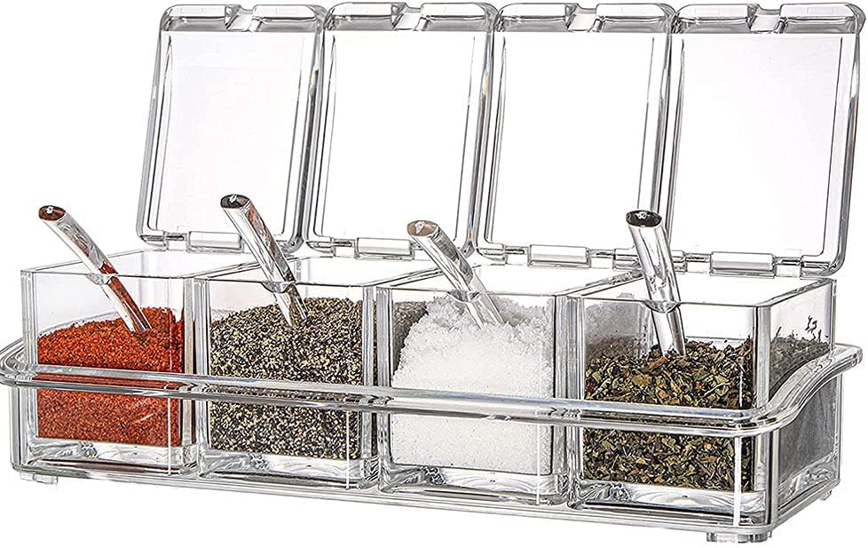 4-Cell Clear Seasoning Rack Spice Box with Lid & Spoons – Acrylic Condiment Jar Set for Kitchen Counter, Salt Sugar Pepper Container, Transparent Seasoning Organizer with Cover