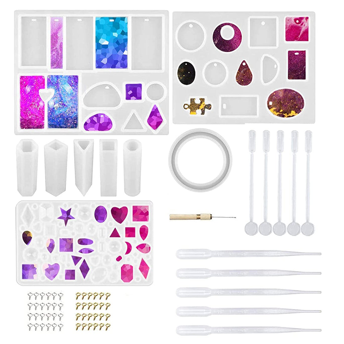 Resin Silicone Jewelry Casting Mould DIY Making Tool Set for Crafting Pendant Earrings (White) -68 PC