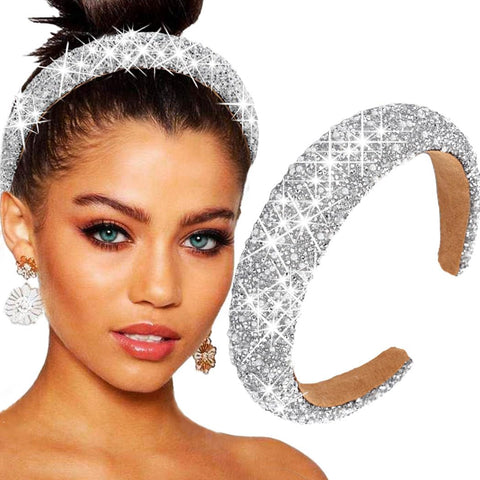 Rhinestone Pearl Headband Padded Wide Hairband Bling Crystal Headhoop Glitter Silver Head Bands for Women and Girls (Type A)