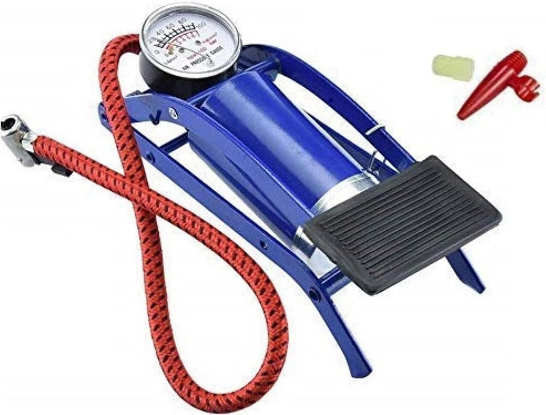 Bicycle Air Pump + Air Pressure Gauge, Bicycle Tire Inflator with Foot Pedal Function, Lightweight with Ball Inflation Needle, Suitable for All Bikes (Blue Foot Pump) - KaberTrade
