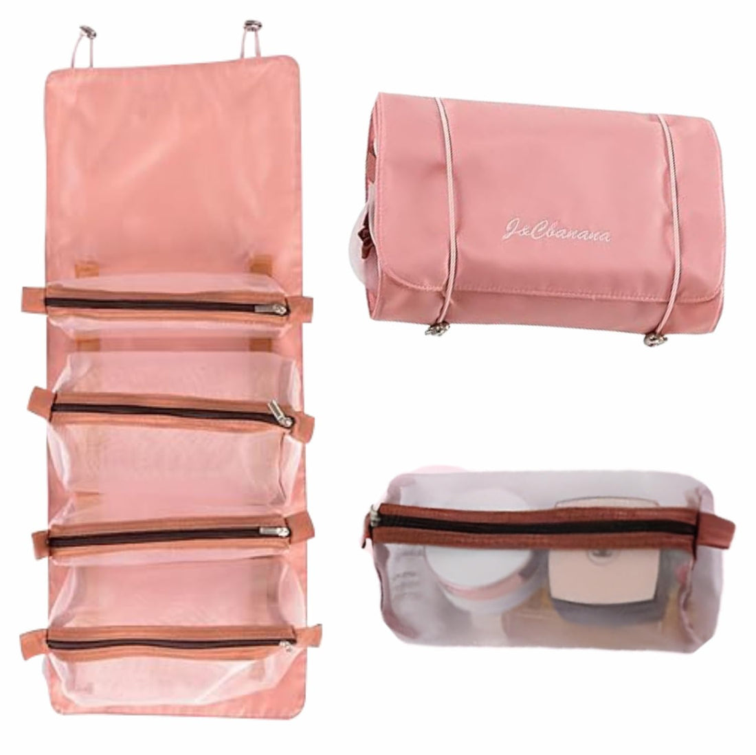 Achievers 4-in-1 Detachable Mesh Cosmetic Bag, Large Toiletry Pouch and Makeup Organizer, Portable Roll-Up Travel Bag with Four Removable Compartments for Men and Women Essentials, Pink