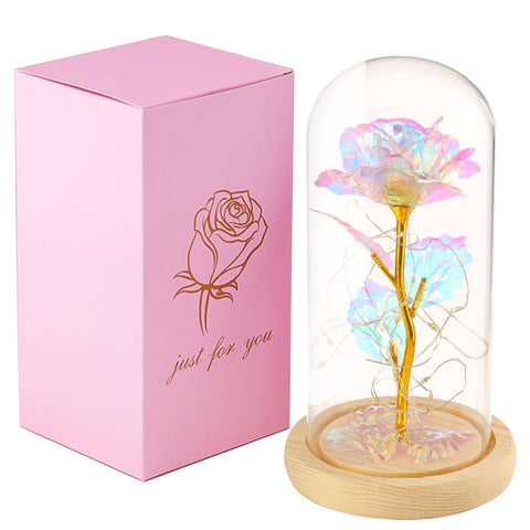 Colorful Led Flower Galaxy Rose Light in Glass Dome, Unique Gift for Her - Wedding, Anniversary, Mother's Day - White, Pink - 1 Count - Elegant Modern - Artificial Rose